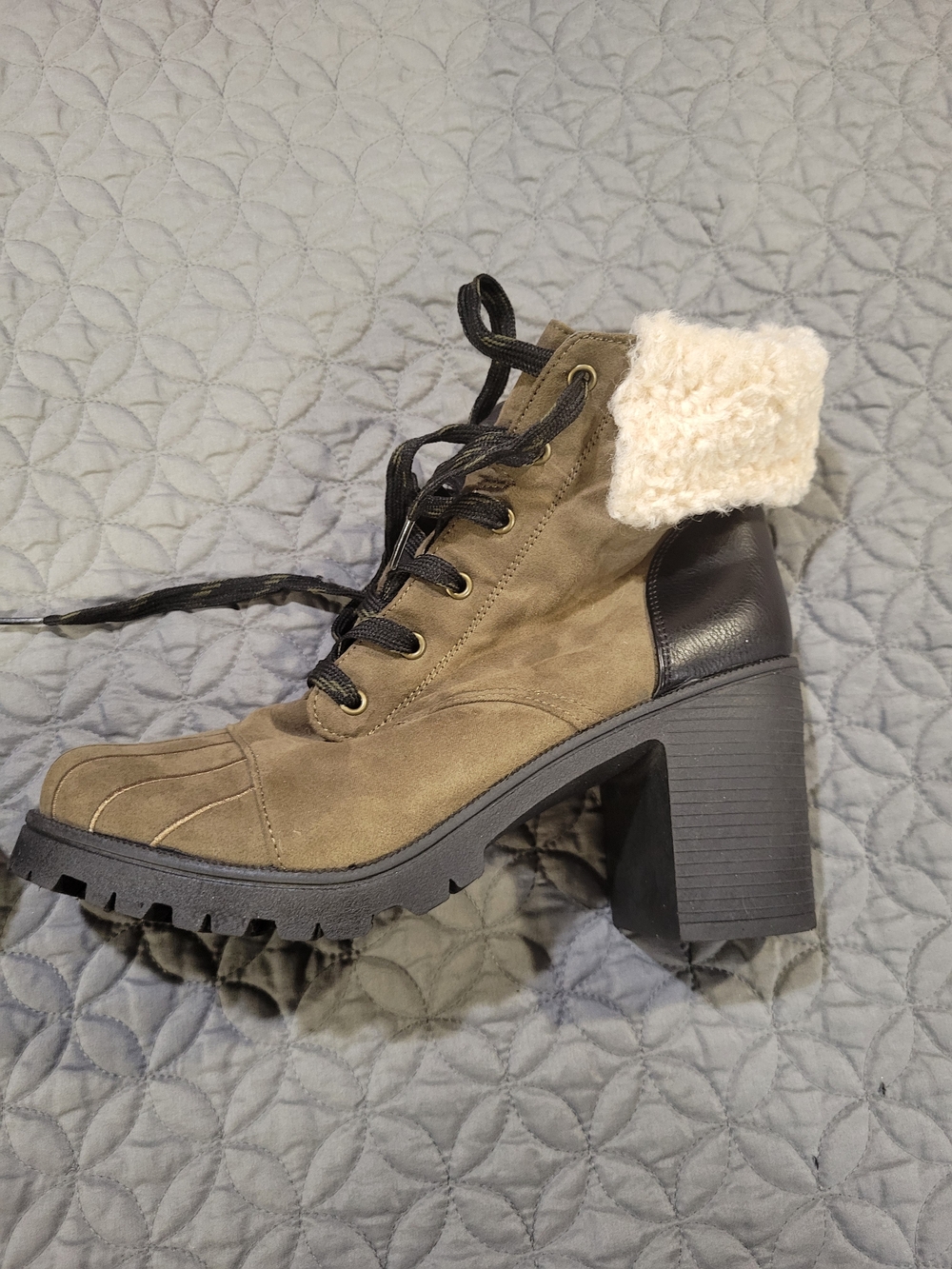 Women’s Chunky Heel Lace-Up Ankle Boot with Faux Shearling Cuff - Olive